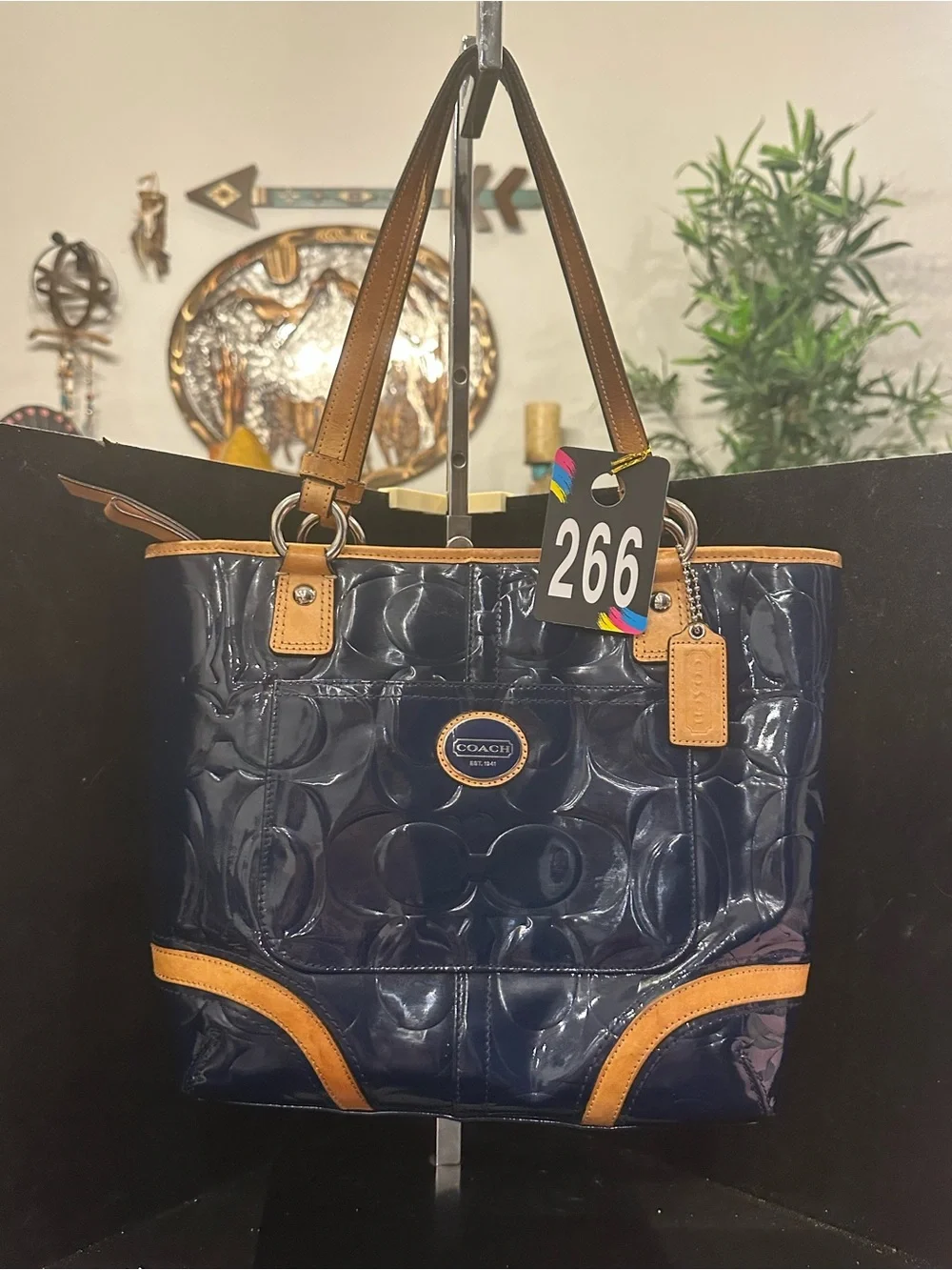 Coach #266 Peyton Embossed Navy Patent Tote with Tan Leather Trim